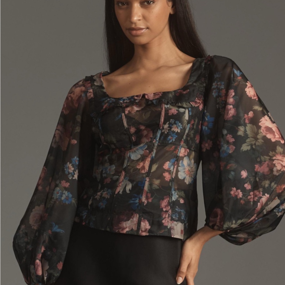 Anthropologie Black Floral Sheer Blouse
